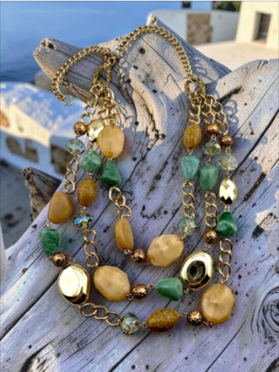 Vintage Jewelry - Vintage Layered Beaded Necklace Gold Tone Blue Green Cream Boho Resort Statement